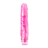 Translucent pink vibrating dildo. Defined head, straight shaft with pronounced veins. Twist dial at bottom to adjust intensity. Additional images show alternate angles.