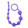 Set of ten purple anal beads that start off very small and become progressively larger. Beads are connected to each other by flexible silicone. These beads have a ring at the base for safety and easy removal. Additional images show alternate angles.