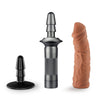 Shows silver handle with realistic dildo attachment and black lock on suction cup. Additional images show different angles. 