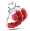 Thin silver metal handcuffs covered with an extra plush burgundy fuzzy sleeve for comfort. Each cuff has a quick release button. Cuffs are connected to each other by a short metal chain. Each cuff has a swinging arm that is used to adjust tightness. Additional images show alternate angles.