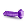 Translucent purple realistic dildo with a large bulbous head. Featuring skin folds under the head and very subtle veins on a straight shaft. Tapers to a slightly thinner diameter near the suction cup base.  Additional images show alternate angles.