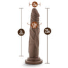 Chocolate skin tone realistic dildo with a tapered head for easy insertion. Features skin folds and veins along the straight but flexible shaft. Suction cup base. Additional images show alternate angles.