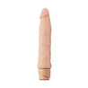 Vanilla skin tone vibrating dildo has an ultra realistic shape, with a defined but tapered head and veins along the shaft. Twist dial on bottom to adjust intensity. Additional images show alternate angles.