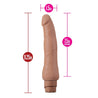 This ultra realistic mocha skin tone vibrating dildo features a very subtle head and subtle veins along the shaft. Shaft is slim and long with a slight curve. Twist dial on bottom to adjust intensity.  Additional images show alternate angles.