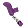 Purple vibrator with silicone sleeve that has a curved tip and a ring on the back to secure it to a finger. Subtle floral pattern and small nubs on curved end for added stimulation. Button on bottom to adjust intensity. Additional images show alternate angles.