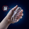 A 4 piece kit including a clear non-representational stroker with a ring on the outside for added grip and a ribbed and studded internal canal. Also includes 3 stretchy donut cock rings, one each in blue, black, and clear. Additional images show alternate angles.
