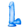 Translucent blue realistic dildo. Featuring a defined rounded head, subtle veins along the straight but flexible shaft, and realistic balls. Suction cup base. Additional images show alternate angles.