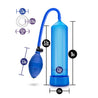 Blue cylinder that connects to a squeezable ball pump by a blue flexible hose. Includes blue pump sleeve and stretchy cock ring.  Additional images show alternate angles.