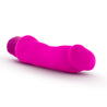 Pink vibrating dildo. Thick smooth curved shaft with a realistic head. Twist dial on bottom to adjust intensity. Additional images show alternate angles.