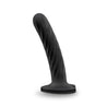 Black non representational silicone dildo. Thin dildo with a slightly tapered rounded tip and no pronounced head. Same diameter all along the shaft, which has a subtle swirl texture. Slight upward curve. Heart shaped suction cup base. Additional images show alternate angles.