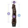Chocolate skin tone vibrating dildo with curved head with veins along the slightly curved shaft. Twist dial on bottom to adjust intensity. Additional images show alternate angles.
