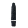 Black vibrator with slim and straight design with tapered tip. Subtle raised floral design for added texture. Push button on bottom to adjust intensity. Additional images show alternate angles.