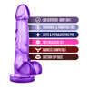 Translucent purple dildo with a large bulbous realistic head and pronounced veins along the straight but flexible shaft. Suction cup base. Additional images show alternate angles.