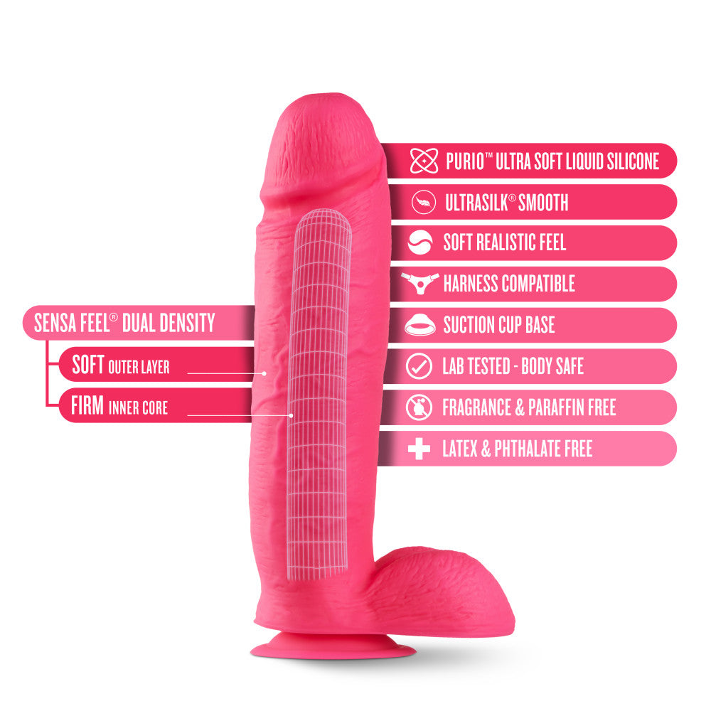 Neo Elite 10 Inch Silicone Dual Density Cock With Balls Neon Pink