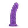 Purple realistic silicone dildo. Featuring a slightly textured round head, veins and texture along the thick, upwardly curved shaft, and a suction cup base. Additional images show alternate angles.