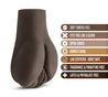 Chocolate skin tone, open-ended stroker, palm-sized, featuring small butt cheeks and an anal opening, as well as a rear view of a vulva and a vaginal opening. Ribbed internal canals. Additional images show alternate angles.