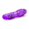 Translucent purple vibrating dildo. Slim tapered head with veins along the shaft and gentle ribs at base. Twist dial on bottom to adjust intensity. Additional images show alternate angles.