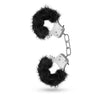 Thin silver metal handcuffs covered with an extra plush black fuzzy sleeve for comfort. Each cuff has a quick release button. Cuffs are connected to each other by a short metal chain. Each cuff has a swinging arm that is used to adjust tightness. Additional images show alternate angles.