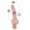 Vanilla skin tone vibrating dildo with ultra realistic shape. Thin shaft and thick bottom and a subtly defined tapered head and veins along the shaft. Thick bottom serves as flared base, making this toy safe for anal use. Twist dial on bottom to adjust intensity. Additional images show alternate angles.