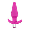 Pink butt plug with a tapered tip, thin neck, and slim base for safety and comfort. Features an opening at the bottom that fits the included small plastic removable bullet. Additional images show alternate angles.