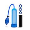 A 5 piece kit including a blue squeeze ball penis pump with blue transparent cylinder, pump sleeve, hose, and bulb. Also includes 3 blue stretchy beaded cock rings and a sleek black stroker that is open on both ends, has a smooth outside, and soft flexible nubs inside the canal for added stimulation. Additional images show alternate angles.
