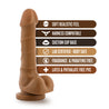 Mocha skin tone realistic dildo. Featuring a large bulbous head, veins that branch out horizontally along the straight but flexible shaft, realistic balls, and a suction cup base. Additional images show alternate angles.