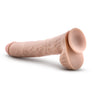 Vanilla skin tone extra large realistic dildo. Featuring a rounded head, veins along the straight but flexible shaft, and realistic balls. Suction cup base. Additional images show alternate angles.
