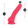 Cerise color realistic dildo. Featuring a rounded head with a pronounced lip, veins along the upwardly curved shaft, and very small round balls. Suction cup base. Additional images show alternate angles.