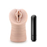 Vanilla skin tone stroker with a vulva shaped opening. Features gentle grooves on the outside for a secure grip. Ribbed internal canal for added stimulation. Includes a removable cordless vibrating bullet. Additional images show alternate angles.