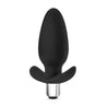 A rounded and bulbous black butt plug with a slim neck and a thin flared base for safety and comfort. Features an opening at the base that fits the included small silver vibrating bullet. A single button on the bottom of the vibrator controls intensity. Additional images show alternate angles.