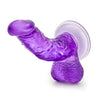 Translucent purple dildo with a realistic head and pronounced veins along the upwardly curved shaft. Suction cup base. Additional images show alternate angles.