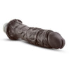 Realistic chocolate skin tone vibrating dildo with tapered head with skin folds just below the head and many veins along the straight long shaft. Twist dial on bottom to adjust intensity. Additional images show alternate angles.