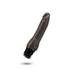 Chocolate skin tone vibrating dildo. Tapered head with veins along the shaft. Slightly thicker at base. Twist dial on bottom to adjust intensity. Additional images show alternate angles.