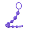 Set of ten purple anal beads that start off very small and become progressively larger. Beads are connected to each other by flexible silicone. These beads have a ring at the base for safety and easy removal. Additional images show alternate angles.