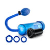 A 5 piece kit including a blue squeeze ball penis pump with blue transparent cylinder, pump sleeve, hose, and bulb. Also includes 3 blue stretchy beaded cock rings and a sleek black stroker that is open on both ends, has a smooth outside, and soft flexible nubs inside the canal for added stimulation. Additional images show alternate angles.