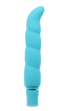 Aqua slim vibrator with gentle spiral texture, curved for g spot play. Single button on bottom. Additional images show alternate angles.