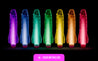 A semi realistic translucent pink sparkly vibrator with color shifting LED lights that glow in different colors when the vibrator is in use. Twist dial on bottom to adjust intensity. Additional images show alternate angles.