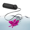 A small egg shaped bullet with a soft, fuchsia silicone cover in the shape of a butterfly for a fluttering sensation. Bullet is connected to a black plastic controller by a black flat cable. Twist dial on controller to adjust intensity. Additional images show alternate angles.