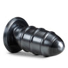 Extra large black butt plug with metallic sheen. Curved tip with bulbous body that features three soft but pronounce rings. Rounded base for safety. Base features an opening that makes it compatible with any Lock On accessory. Additional images show alternate angles.