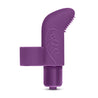 Purple vibrator with silicone sleeve that has a curved tip and a ring on the back to secure it to a finger. Subtle floral pattern and small nubs on curved end for added stimulation. Button on bottom to adjust intensity. Additional images show alternate angles.