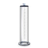 Clear acrylic cylinder with ruler markings and a connector to attach to pumps. Featuring a thick lip at the base for a tight seal and comfort. Additional images show alternate angles.