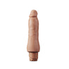 Ultra realistic mocha skin tone vibrating dildo with a subtly defined head and veins along the shaft. Shaft is slightly flared and is thicker at  the base. Twist dial on bottom to adjust intensity.  Additional images show alternate angles.