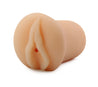Vanilla skin tone stroker with a vulva shaped opening. Smooth on the outside with a ribbed internal tunnel for added stimulation. Additional images show alternate angles.