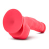 Cerise color realistic dildo. Featuring a rounded head with a pronounced lip, subtle veins along the straight shaft, and round balls. Suction cup base. Additional images show alternate angles.