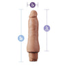 Ultra realistic mocha skin tone vibrating dildo with a subtly defined head and veins along the shaft. Shaft is slightly flared and is thicker at  the base. Twist dial on bottom to adjust intensity.  Additional images show alternate angles.