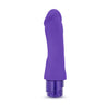 Purple vibrating dildo. Thick smooth curved shaft with a realistic head. Twist dial on bottom to adjust intensity. Additional images show alternate angles.