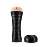 Ultra realistic, plush, vulva shaped, vanilla skin tone stroker in a black plastic canister. Sleeve can be removed from canister for easy cleaning. Canister features some texture for a secure grip. Includes a removable cap for discreet storage. Additional images show alternate angles.