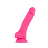 Hot pink realistic dildo. Featuring a rounded head with a pronounced lip, veins along the upwardly curved shaft, and very small round balls. Suction cup base. Additional images show alternate angles.