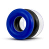 Set of 3 classic stretchy Stay Hard donut cock rings in black, clear, and blue.  Additional images show alternate angles.