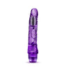 Translucent purple vibrating dildo has a realistic shape with a subtle rounded head and veins along the shaft. Silver bullet motor just below the head. Twist dial on bottom to adjust intensity. Additional images show alternate angles.